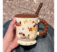 Mug en Céramique de 400 Ml pour thé et Café, Motif Chiot, avec Couvercle et Cuillère, Idéal pour les Voyages et les Boissons Chaudes Froides, Savourez Votre Matinée Tranquillité(Yellow)