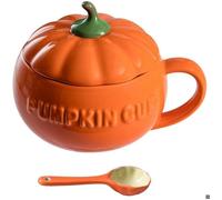 Mug en céramique en forme de citrouille avec couvercle et cuillère, parfait pour le café/thé d'automne.
