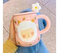 Mug en Céramique Jaune avec Motif Mouton en Relief, Couvercle Cuillère Forme Fleur, Bouteille D'eau Anti-fuite, Jolie Tasse Isotherme, Tasse à Thé pour Boissons Chaudes et Froides(Pink)