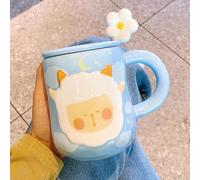 Mug en Céramique Jaune avec Motif Mouton en Relief, Couvercle Cuillère Forme Fleur, Bouteille D'eau Anti-fuite, Jolie Tasse Isotherme, Tasse à Thé pour Boissons Chaudes et Froides(Blue)
