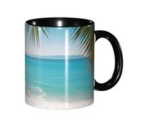 Mug en céramique noir 325 ml (11 oz) à motif océan, mer et feuilles de palmier. Design moderne et mignon, idéal pour la maison, le bureau, un café ou comme cadeau original pour les amateurs de café.