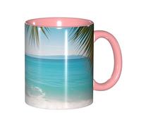 Mug en céramique rose à motif océan, mer et feuilles de palmier, 325 ml (11 oz), design moderne et mignon pour la maison, le bureau, un café ou comme cadeau original pour les amateurs de café.