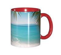 Mug en céramique rouge à motif océan, mer et feuilles de palmier, 325 ml (11 oz), design moderne et mignon pour la maison, le bureau, un café ou comme cadeau original pour les amateurs de café.