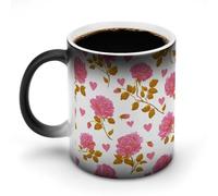 Mug en céramique thermosensible à motif floral rose et feuille jaune, tasse à café originale et amusante de 325 ml (11 oz) avec roses roses et feuilles jaunes. Idéal pour la maison et le bureau.