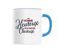 Mug en Céramique Un Homme heureux n’a pas de cheveux - Imprimé en France - Tasse originale en céramique - Cadeau Anniversaire Chauve Humour original rigolo (Bleu)