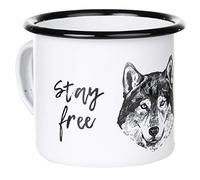 Mug en émail | Stay Wild - Stay free | avec dessin animal | Gobelet robuste et léger pour les voyages et l'extérieur | Tasse à café rétro 300 ml | MUGSY (Husky)