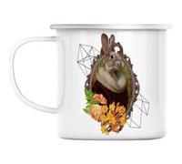 Mug en métal émaillé Madame lapin portrait fleurs Blanc G