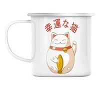 Mug en métal émaillé Maneki-neko chat japon asie Blanc G