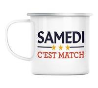 Mug en métal émaillé Samedi c'est match sport foot Blanc G