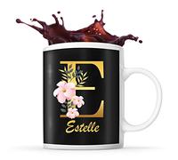 Mug Estelle | Tasse prénom femme fond noir avec Lettre fleur | Idée cadeau pour anniversaire noël et fête des mères