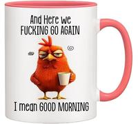 Mug fantaisie amusant de 325 ml, « Here We F*cking Go Again... I Mean Good Morning », tasse à café sarcastique amusante pour maman, sœur, meilleure amie, collègue, patron, boîte cadeau (03)