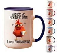 Mug fantaisie amusant - Here We F**King Go Again... I Mean Good Morning, tasse à café sarcastique drôle, tasse à café grum-py poulet pour maman, sœur, meilleure amie, collègue, violet