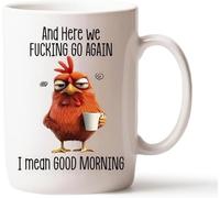 Mug fantaisie humoristique - Here We F*cking Go Again... I Mean Good Morning, tasse à café sarcastique drôle de 325 ml, tasse à café grincheuse pour maman, sœur, meilleure amie, collègue, patron