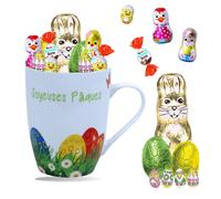 Mug garni d'un assortiment de 20 Chocolats de Pâques: KINDER Schokobons, Moulage Lapin, Figurines et Œufs | Idéal à Offrir ou