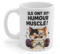 Mug Humour Chat - “Ils Ont Dit : Humour Musclé !” - Tasse Rigolote en Céramique 330ml - Idée Cadeau Originale pour Amoureux des Chats, Sport et Café - Passe Lave-Vaisselle et Micro-Ondes N4129