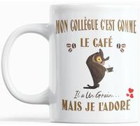 Mug humour collegue homme - Cadeau original anniversaire, Noel ou Secret Santa - Idée cadeau entreprise bureau - Mon collègue c’est comme le café, il a un grain mais je l’adore