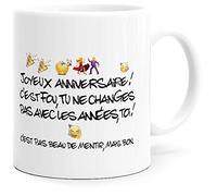 Mug Humour Joyeux anniversaire Tasse Message drôle. Idée Cadeau Original Amis Couple Amoureux Collègue Frère Sœur pour Anniversaire Noël pour le Plaisir. Dino Mugs le Sourire dès le Réveil