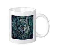 Mug imprimé loup style tribu cool designs plumes feuilles tête de loup artistique bleu vert céramique isolée non renversable cuisine école bureau garde-manger avec poignées tasses à thé 325 ml