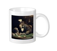 Mug imprimé singe - Design moderne - Animaux - Vêtements - Chapeau - Nœud - Cartes à jouer - Jetons - Gris - Vert - Céramique - Poids léger - Collection salon laboratoire extérieur - Fond plat avec
