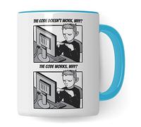 Mug informatique Cadeau - The Code doesn´t work - Why? - Idée cadeau pour les programmeurs - Tasse à café informaticien - Programmation - Tasse à thé avec inscription humoristique (blanc/bleu)