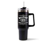 Mug Isotherme 1,2L - 1979 Millésime grand cru Noir - Bouteille Thermos avec Anse, Paille et Couvercle - Idée Cadeau Gourde Personnalisée