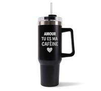 Mug Isotherme 1,2L - Amour Tu es ma caféine Noir - Bouteille Thermos avec Anse, Paille et Couvercle - Idée Cadeau Gourde Personnalisée Café