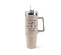 Mug Isotherme 1,2L - Anne-Sophie Une Super Collègue Beige - Bouteille Thermos avec Anse, Paille et Couvercle - Idée Cadeau Gourde Personnalisée