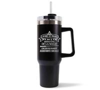 Mug Isotherme 1,2L - Assistante Sociale Magie Ministère Magie Noir - Bouteille Thermos avec Anse, Paille et Couvercle - Idée Cadeau Gourde Personnalisée