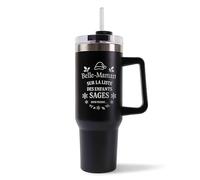 Mug Isotherme 1,2L - Belle-Maman Liste des enfants sages Noir - Bouteille Thermos avec Anse, Paille et Couvercle - Idée Cadeau Gourde Personnalisée Noël