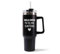 Mug Isotherme 1,2L - Belle-mère Tu es ma caféine Noir - Bouteille Thermos avec Anse, Paille et Couvercle - Idée Cadeau Gourde Personnalisée Café