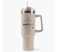 Mug Isotherme 1,2L - Benedicte d'Amour Beige - Bouteille Thermos avec Anse, Paille et Couvercle - Idée Cadeau Gourde Personnalisée