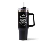 Mug Isotherme 1,2L - Benjamin Liste des enfants sages Noir - Bouteille Thermos avec Anse, Paille et Couvercle - Idée Cadeau Gourde Personnalisée Noël