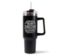 Mug Isotherme 1,2L - CÉLINE Déesse légende Noir - Bouteille Thermos avec Anse, Paille et Couvercle - Idée Cadeau Gourde Personnalisée