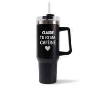 Mug Isotherme 1,2L - Claude Tu es ma caféine Noir - Bouteille Thermos avec Anse, Paille et Couvercle - Idée Cadeau Gourde Personnalisée Café