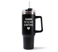 Mug Isotherme 1,2L - Claude Tu es ma caféine Noir - Bouteille Thermos avec Anse, Paille et Couvercle - Idée Cadeau Gourde Personnalisée Café