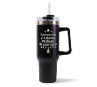 Mug Isotherme 1,2L - Emmanuelle Magie de noël Sapin Noir - Bouteille Thermos avec Anse, Paille et Couvercle - Idée Cadeau Gourde Personnalisée Noël