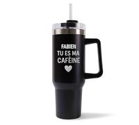 Mug Isotherme 1,2L - Fabien Tu es ma caféine Noir - Bouteille Thermos avec Anse, Paille et Couvercle - Idée Cadeau Gourde Personnalisée Café