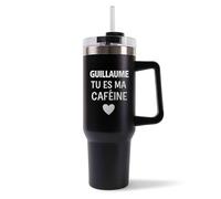 Mug Isotherme 1,2L - Guillaume Tu es ma caféine Noir - Bouteille Thermos avec Anse, Paille et Couvercle - Idée Cadeau Gourde Personnalisée Café
