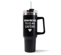Mug Isotherme 1,2L - Jean-Michel Tu es ma caféine Noir - Bouteille Thermos avec Anse, Paille et Couvercle - Idée Cadeau Gourde Personnalisée Café