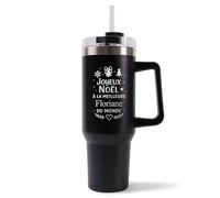 Mug Isotherme 1,2L - Joyeux noël à la meilleure Floriane du monde Noir - Bouteille avec Anse, Paille et Couvercle - Idée Cadeau Gourde Personnalisée Noël