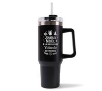 Mug Isotherme 1,2L - Joyeux noël à la meilleure Yolande du monde Noir - Bouteille Thermos avec Anse, Paille et Couvercle - Idée Cadeau Gourde Personnalisée Noël