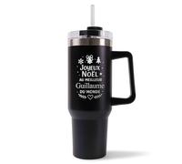 Mug Isotherme 1,2L - Joyeux noël au meilleur Guillaume du monde Noir - Bouteille Thermos avec Anse, Paille et Couvercle - Idée Cadeau Gourde Personnalisée Noël