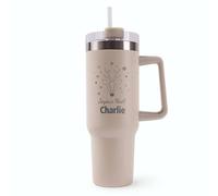 Mug Isotherme 1,2L - Joyeux noël Charlie cerf Beige - Bouteille Thermos avec Anse, Paille et Couvercle - Idée Cadeau Gourde Personnalisée Noël