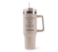 Mug Isotherme 1,2L - La Pause Café de Charlotte Beige - Bouteille Thermos avec Anse, Paille et Couvercle - Idée Cadeau Gourde Personnalisée Café