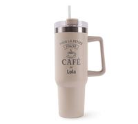 Mug Isotherme 1,2L - La Pause Café de Louna Beige - Bouteille Thermos avec Anse, Paille et Couvercle - Idée Cadeau Gourde Personnalisée Café
