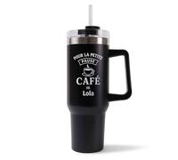 Mug Isotherme 1,2L - La Pause Café de Louna Noir - Bouteille Thermos avec Anse, Paille et Couvercle - Idée Cadeau Gourde Personnalisée Café