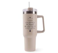 Mug Isotherme 1,2L - Louna Magie de noël Sapin Beige - Bouteille Thermos avec Anse, Paille et Couvercle - Idée Cadeau Gourde Personnalisée Noël