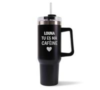Mug Isotherme 1,2L - Louna Tu es ma caféine Noir - Bouteille Thermos avec Anse, Paille et Couvercle - Idée Cadeau Gourde Personnalisée Café