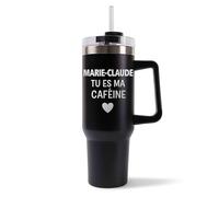 Mug Isotherme 1,2L - Marie-Claude Tu es ma caféine Noir - Bouteille Thermos avec Anse, Paille et Couvercle - Idée Cadeau Gourde Personnalisée Café