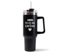 Mug Isotherme 1,2L - Owen Tu es ma caféine Noir - Bouteille Thermos avec Anse, Paille et Couvercle - Idée Cadeau Gourde Personnalisée Café